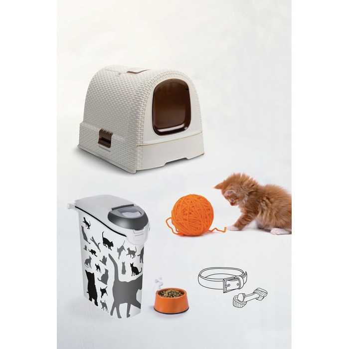 Котячий туалет Curver Petlife з кришкою, лоток для котів з совочком, сучасний дизайн плетіння ротангу, 51,5 x 38,5 x 40 см (слонова кістка)