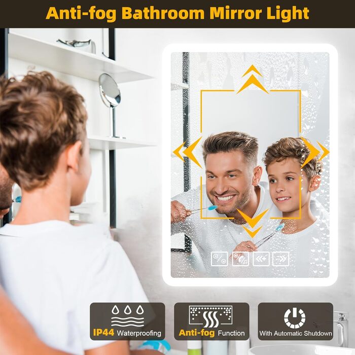 Дзеркало для ванної кімнати з підсвічуванням 50x70 см з Bluetooth, годинником, функцією проти запотівання та сенсорним вимикачем, 3 кольори світла, регулювання яскравості