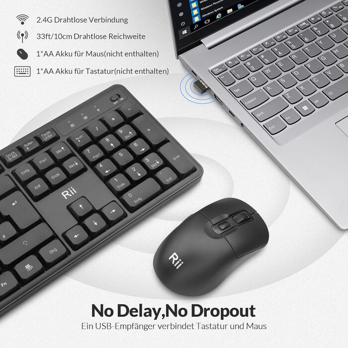 Бездротовий ігровий комплект клавіатури та миші Rii: Bluetooth + 2.4GHz, LED-підсвітка, QWERTZ, для офісу