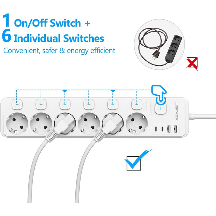 Мережевий адаптер JSVER на 5 розеток з індивідуальними вимикачами, 2 USB-A та 2 USB-C (17W), 2м кабель, для смартфонів та ноутбуків, білий