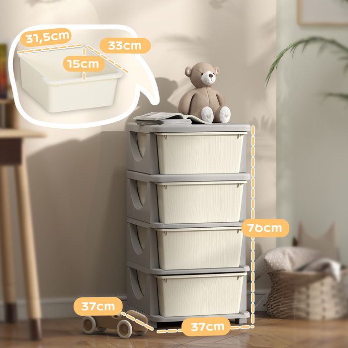 HOMCOM Комод для дитячої кімнати, 4 ящики для іграшок, місце для зберігання іграшок, кремово-білий