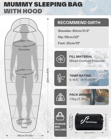 Сплячий мішок Sportneer - компактний та ультралегкий (950г/1500г) - кокон для кемпінгу та подорожей. 3-4 сезонний спальний мішок для чоловіків, жінок та дорослих. Чорний колір.
