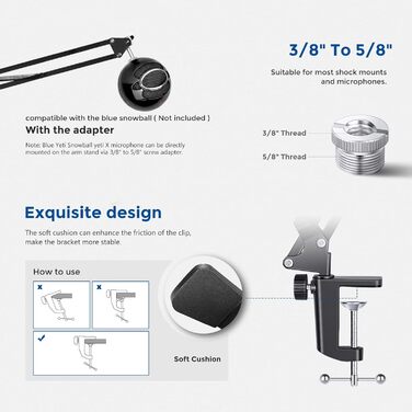 Тримач для мікрофону Neewer NW-35: регульований підвіс-кріплення для мікрофону, сумісний з Yeti, Quadcast та іншими