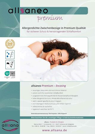 allsaneo Premium Allergy Cover 180x200x8 cm | Allergy Cover Extra Soft and Lightweight | Anti-Mite Encasing | Dust Mite Protection | Allergen-Tight Fitted Sheet | TÜV Tested