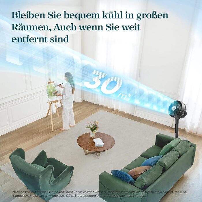 Вентилятор Levoit 20dB з керуванням через APP та Alexa, DC мотор, 30м, 4 режими, 12 швидкостей, таймер 12 годин, сірий, 110 см