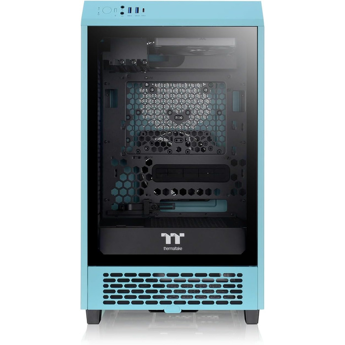 Корпус Thermaltake The Tower 200 Turquoise Mini-ITX з вертикальним розташуванням, загартоване скло, 2x CT140 вентилятори, підтримка AIO 280мм, GPU до 380мм