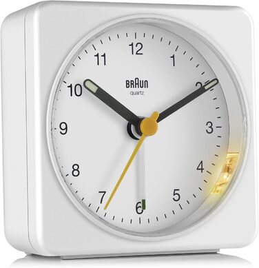 Braun Classic Analog Alarm Clock with Snooze Function and Light, Silent Quartz Movement, Crescendo Alarm, White Model BC03W
