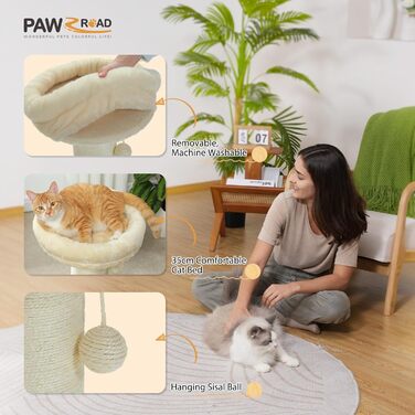 PAWZ Road Cat Tree, Tall Cat Scratching Post for Indoor Cats with Super Thick Scratching Post [Dia=14cm], Detachable Fluffy Cat Bed, Cat Scratching Post with Feather Ball, Beige