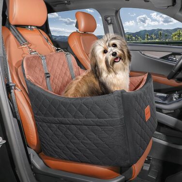 Автокрісло для собак - підходить для маленьких та середніх собак. Зручне автокрісло з кишенями для зберігання, поводок та посилена конструкція. (Чорний, Коричневий, Середній)