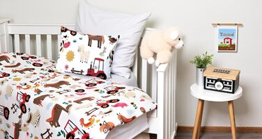 Комплект постільної білизни для дитячого ліжечка: простирадло 100x135 см та наволочка 40x60 см з бавовни, сертифікат Öko-Tex Standard, для хлопчиків та дівчаток (фермерський дизайн)