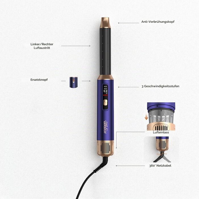 Мультистайлер для волосся 6 в 1 UKLISS Air Styler Set з дифузором, фен-щітка та вирівнювач для волосся, 1000 Вт, LCD-дисплей, Gold Blau