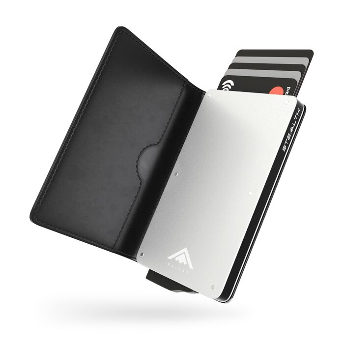 Гаманець чоловічий RFID захист Stealth Wallet - мінімалістичний алюмінієвий картхолдер зі шкіри (срібний/чорний)