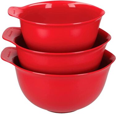 KitchenAid, Plastic, 3-Piece Mixing Bowl Set, Dishwasher Safe, Nesting, 3 Bowls with Non-Slip Base and Spout – Empire Red