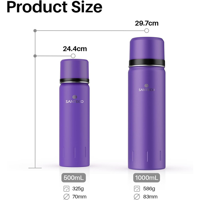Термос-термокана з нержавіючої сталі SANTECO 1л, 500мл, 1000мл, з кришкою-чашкою, для дітей, спорту, без BPA, 24 год холод, 12 год гарячий (фіолетовий)