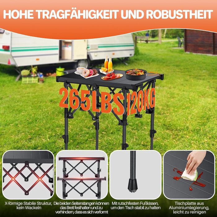 Складаний туристичний стіл Funykich 82x40 см, регулювання висоти (44/70 см), з сітчастою кишенею, для пікніка, кемпінгу, BBQ, саду
