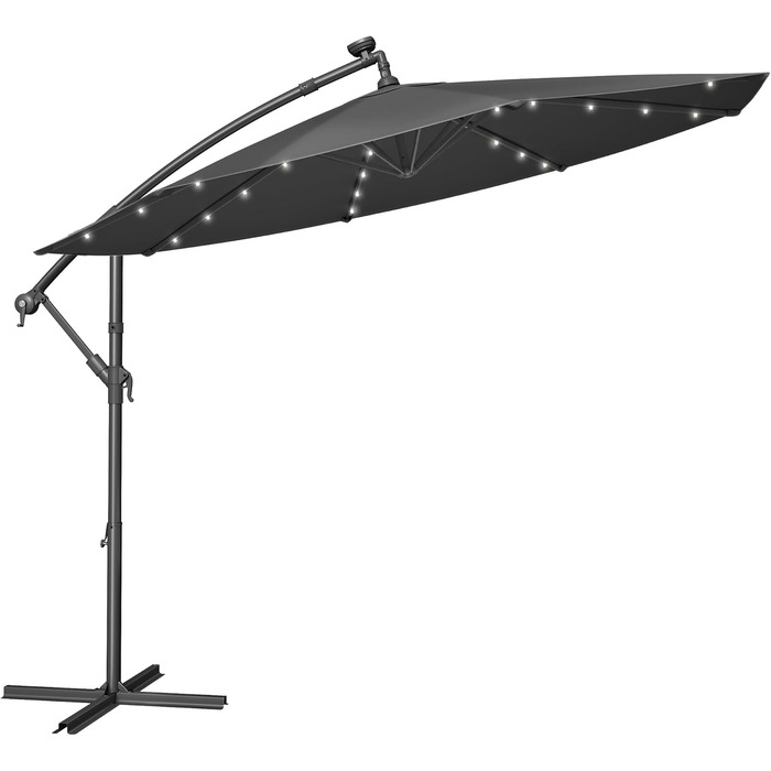 SONGMICS Patio Umbrella with LED Solar Lighting, Market Umbrella 300 cm Diameter, 32 LED Lights, with Stand, Sun Protection Balcony, Balcony Umbrella, UPF 50+, with Crank, for Terrace, Garden, Grey GPU118G01