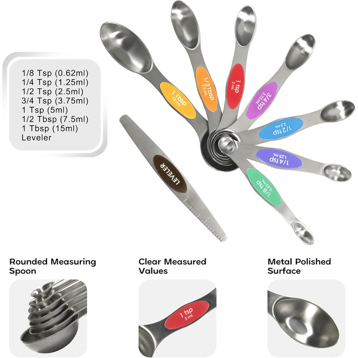 Magnetic Measuring Cup and Spoon Set, including 7 durable 304 stainless steel measuring cups and 8 magnetic measuring spoons with a leveler for cooking and baking (Color)