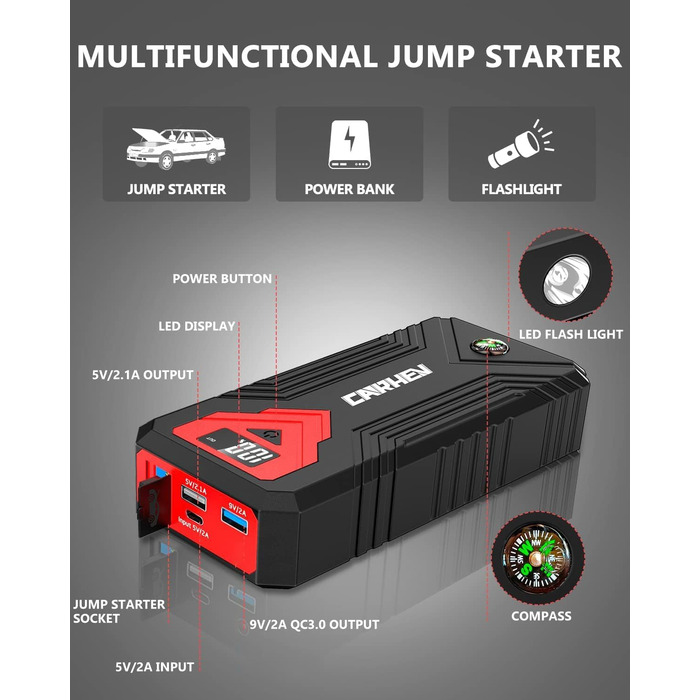 Powerbank для автомобіля Starthilfe: пусковий пристрій, 4000A, 12V, USB, LED, для бензинових та дизельних авто (до 8.0L)
