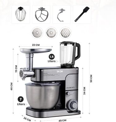KB-ELEMENTS 3-in-1 Kitchen Machine 2500W, 8.5L, Meat Grinder, Dough Kneader, Food Processor, Mixer, Stand Mixer, Stainless Steel Kitchen Machine, 7L Stainless Steel Bowl, Multifunctional