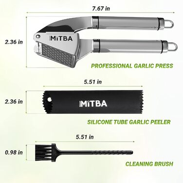 MiTBA Garlic Press Set with Non-Slip Handles - Includes Crusher, Silicone Peeler & Cleaning Brush