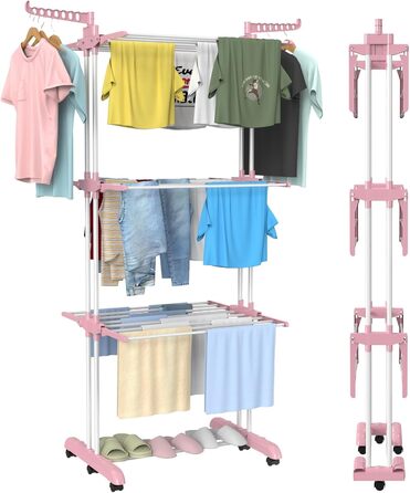 Foldable Stainless Steel Clothes Drying Rack with Wheels, Portable, for Indoor and Outdoor Use, White/Gray (Blue+White)