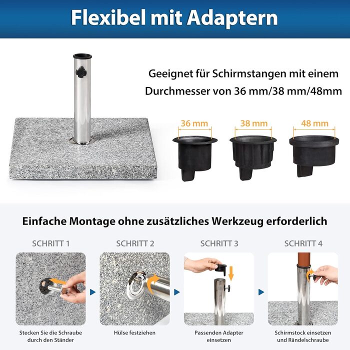 Paramondo Umbrella Stand - Granite Umbrella Stand, Square, 48 x 48 cm, with adapter sleeves, for medium-sized umbrellas