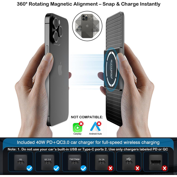 Автомобільне зарядне пристрій MagSafe Pad Polmxs: Швидка зарядка 15W, бездротова зарядка, 40W адаптер, кабель 30см, сумісність з iPhone 17/16/15/14/13/12
