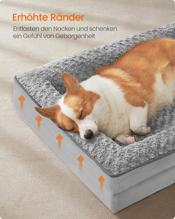 Ортопедичне ліжко для собак Feandrea, середнього розміру, водонепроникне, знімний плюшевий чохол, 91 x 68 x 16 см, Taubengrau PGW252G01 L