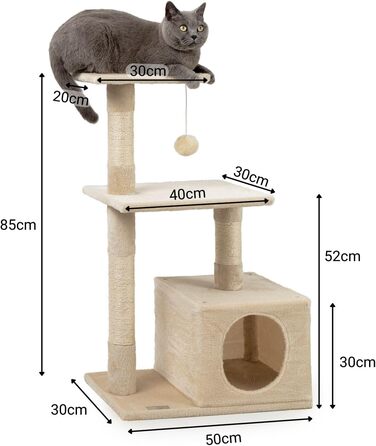 Lionto Scratching Post for Cats with Cave and Plush Ball incl. Bell, Height 85 cm, Cat Tree with Sisal & Plush, Cozy Resting Areas & Cave, Suitable for Small & Large Cats, Beige
