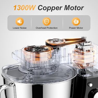 Планетарний кухонний комбайн-міксер 1300W, чаша з нержавіючої сталі 5.5л, 10 швидкостей, з насадками (гак, вінчик, міксер) та захистом від бризок, чорний