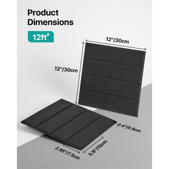 Акустичні панелі Soundsbay для шумоізоляції та звукопоглинання, самоклеючі поліестерні плити 30×30×0.9 см, чорні, 12 шт.