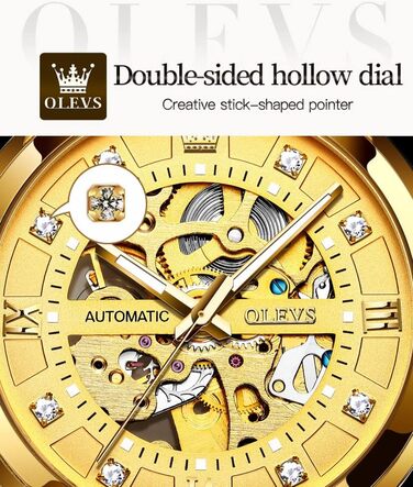 Чоловічий золотий скелетон-годинник OLEVS: автоматичний механічний, водонепроникний, зі сталі, люксовий класичний стиль (All Gold)