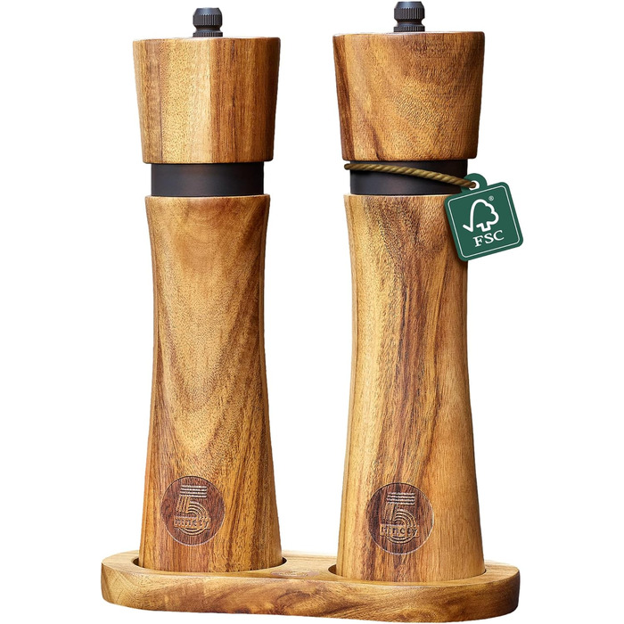 ninetyfive® Wooden Pepper Mill Set | Salt and Pepper Mills + Acacia Wood Coaster and Funnel Spoon | Spice Grinders with Ceramic Grinder (21cm) | High-Quality Gift Packaging
