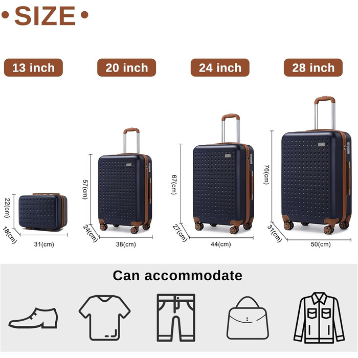 Набір валіз KONO з ABS пластику, 4 шт. - валіза на колесах, ручна валіза, валіза з TSA замком, 67x44x27 см, блакитний колір