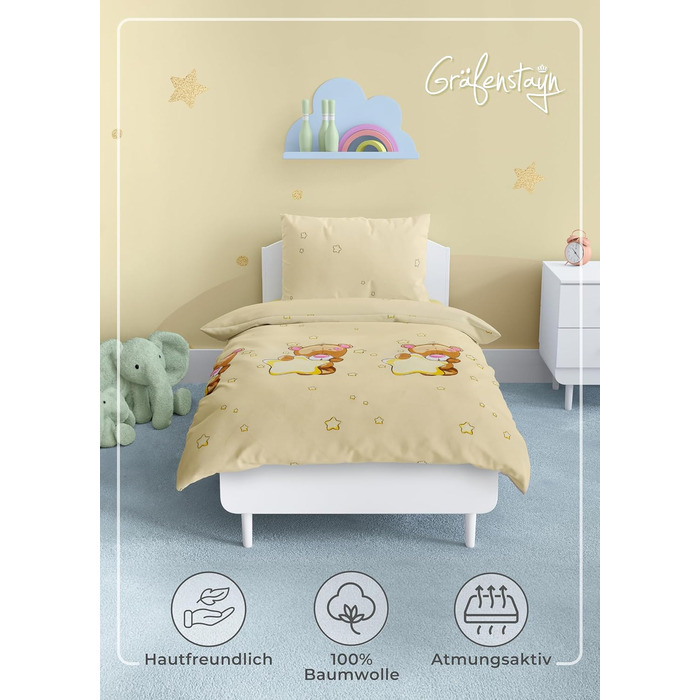 Набір постільної білизни для дітей Gräfenstayn® з мотивами тварин (жирафа та слон) та інтегрованою блискавкою, 100% бавовна (ренфорс) - ковдра 135x100 см, подушка 60x40 см