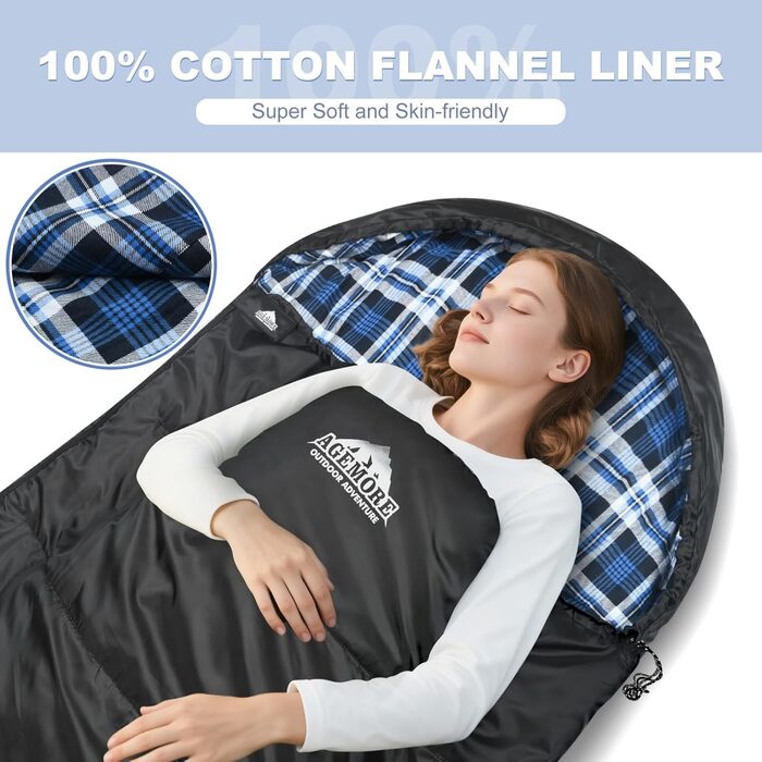 Спальний мішок Baumwoll-Flanell для дорослих: легкий, водонепроникний, 100% бавовна. Ідеально для кемпінгу, подорожей та відпочинку на природі (чорний / синій)