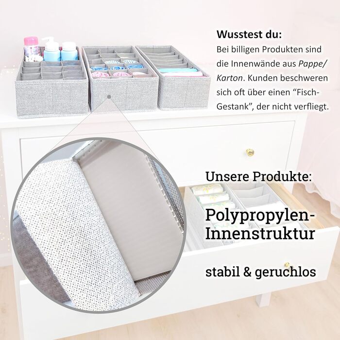 HEMNES Organizer for IKEA dresser; THE ORIGINAL; perfect fit; Sturdy base; Drawer organization system for baby supplies, children's clothing, socks, underwear; Set of 5