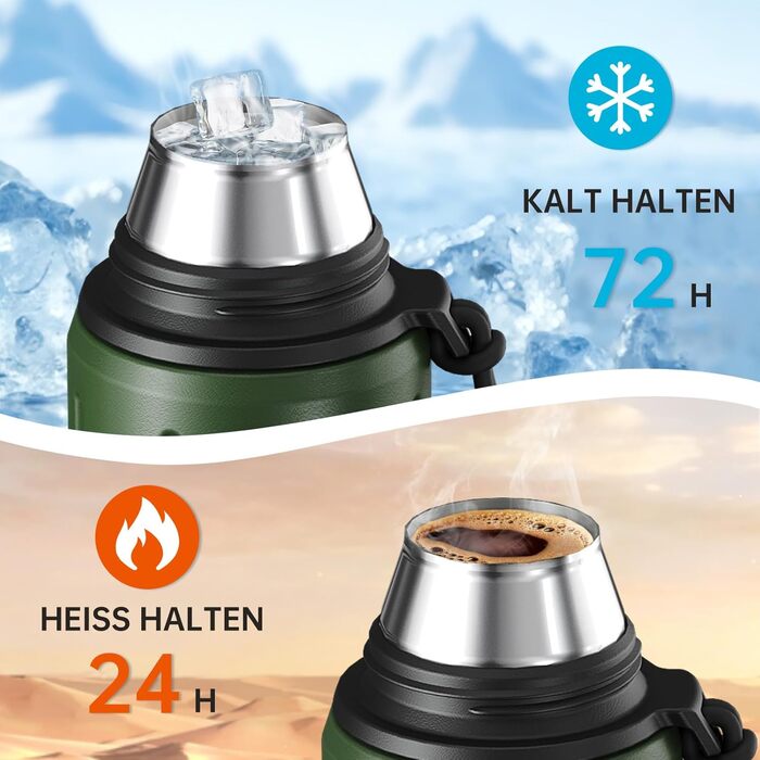 Термос Healter Thermoskanne 1л з чашкою (72 години холод & 24 години гаряче) - термофляга для кави, чаю, офісу, школи (зелений)