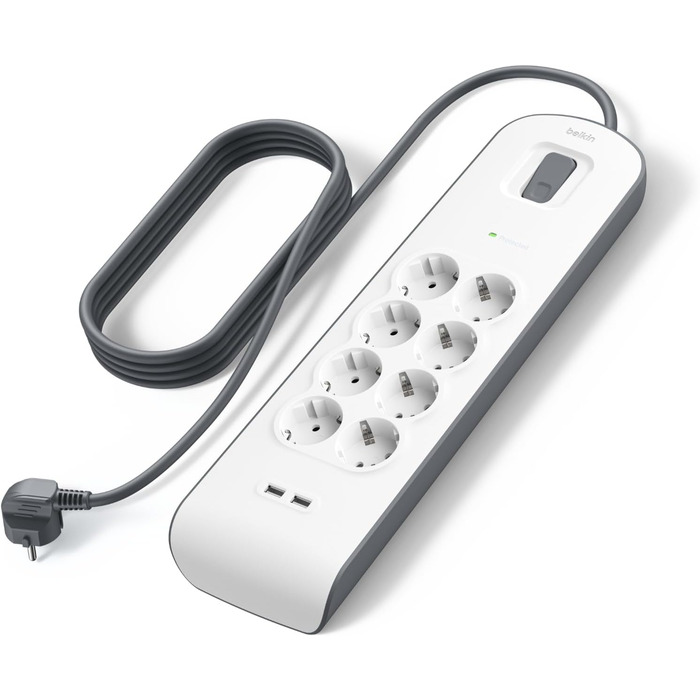 Мережевий фільтр Belkin з 8 розетками, захистом від перенапруги та USB-портами (2.4A), 2 м кабелю, для дому та офісу