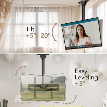 Adjustable TV Ceiling Mount for LED, LCD, OLED, and Plasma TVs - 26-65 Inch, 50kg Capacity, 400x400mm VESA, Black (AX11TB01)
