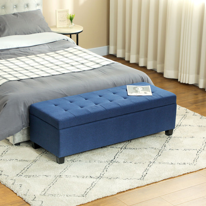 HOMCOM Storage Bench, Ottoman, Entryway Bench with Button Tufting, 125.1 cm x 48.9 cm x 41.3 cm, Blue