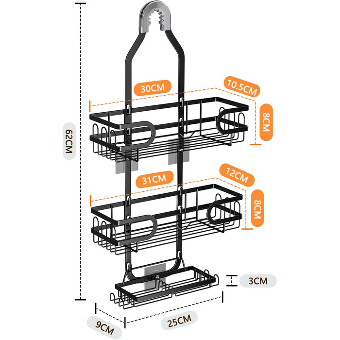 FOXWHALE Shower Shelf - Hanging Shower Rack with Razor Holder & Soap Holder and Multiple Hooks, Black, No Drilling Hanging Shower Basket for Bath Bombs, Towel, Bath Brush