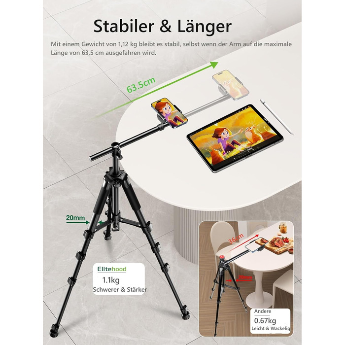 Штатив настільний Elitehood з виносним плечем 114 см, гнучкий, для iPhone, Android, відеозйомки, 180 см, 63 см