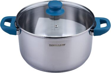 Каструля Fackelmann Essential з нержавіючої сталі, 24 см, з кришкою, синього кольору, з ергономічними ручками Softtouch, для всіх типів плит