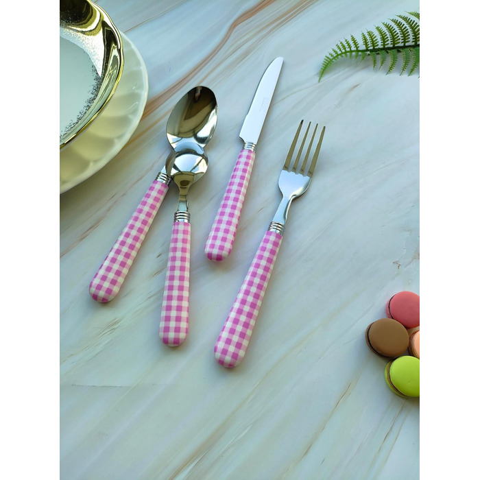 Набір столових приборів EXZACT з нержавіючої сталі, 24 штуки - ручки кольору гінгам - 6 виделок, 6 ножів, 6 ложок, 6 чайних ложок