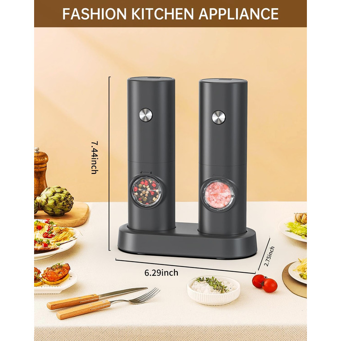 CIRCLE JOY Мельниці для солі та перцю електричні, набір 2 шт., чорні, з підставкою, світлодіодне підсвічування, регулювання помелу, об'єм 70 мл