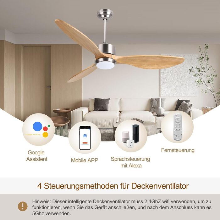 Deckenventilлятор Ovlaim 132 см з освітленням та пультом керування, тихий DC мотор, 3 лопаті, для дому, вітальні, спальні, Burlywood/Silver