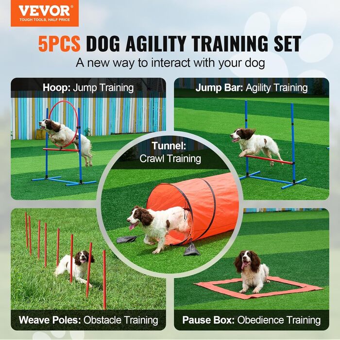 Набір для аджиліті для собак VEVOR: 5 елементів (перешкоди, тунель, кільце, коробка відпочинку, свисток, миска)