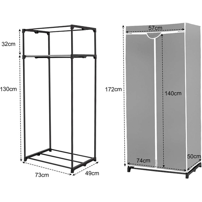 GIANTEX Clothes Closet Fabric Wardrobe with Clothes Rod & Shelf, Folding Wardrobe 74 x 50 x 172 cm, Clothes Rack Metal Frame with Dust Cover, for Bedroom Dressing Room (light grey)
