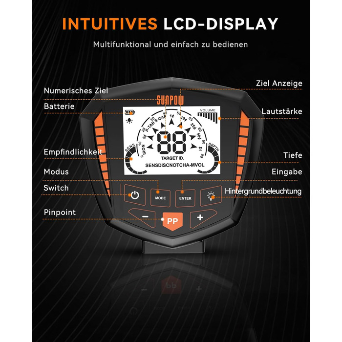 Металошукач SUNPOW – 5 режимів, професійний для дорослих, з Pinpointer, водонепроникний IP68, 30см котушка, 2 HD-LCD дисплеї, DSP-чип, регульований стержень, міцна спіральна структура, повний комплект (OTMD07)